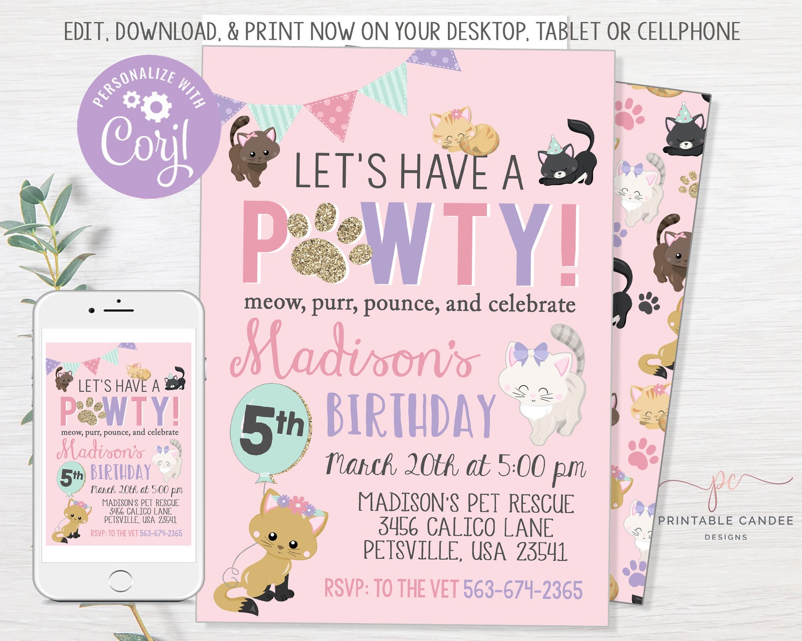 Girl Cat Invitation Editable Kitty Birthday Invitation Instant | Etsy