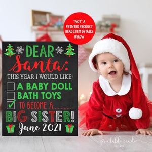 Anuncio de embarazo navideño, carta para Papá Noel, hermana mayor, pizarra verde y roja, letrero imprimible digital