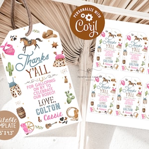 Cowboy Cowgirl Favor Tags 1st Rodeo Birthday Theme Wild West Sibling Party Favors Pink Blue Ranch Twin Decor Printables Instant Download