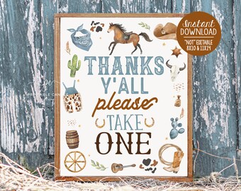 Cowboy Favor Sign 1st Rodeo Birthday Party Theme Wild West Thanks Yall Blue Ranch Decor Printables Instant Download