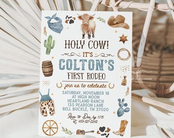 Cowboy Birthday Invitation 1st Rodeo Party Highland Cow Ranch Template Digital