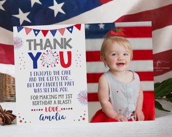 4th of July 1st Birthday Thank You Red White and Blue Firecracker Patriotic Stars Stripes Editable Photo Template Download Printable