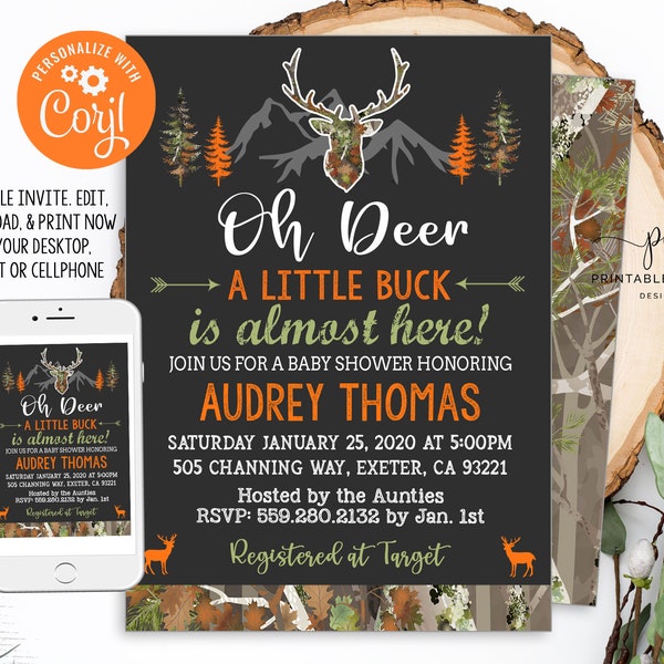 Deer Baby Shower Invitation Camo Arrow Chalk Theme Boy Invite Instant Download Editable File Printable DIY File