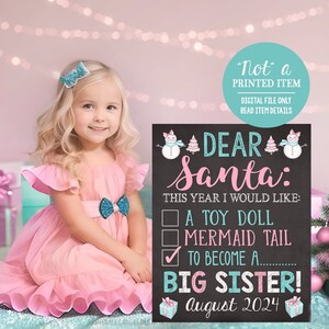 Anuncio de embarazo navideño, carta para Papá Noel, hermana mayor, pizarra rosa y azul, letrero imprimible digital