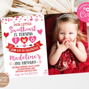 Valentine 2nd Birthday Invitation Heart Birthday Editable Invite Sweetheart Turning Two Party Template CSVDT