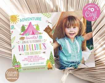 Girl Camping Invitation Editable Birthday Photo Invite Sleepover Party Glamping Woodland Adventure Editable Instant Download