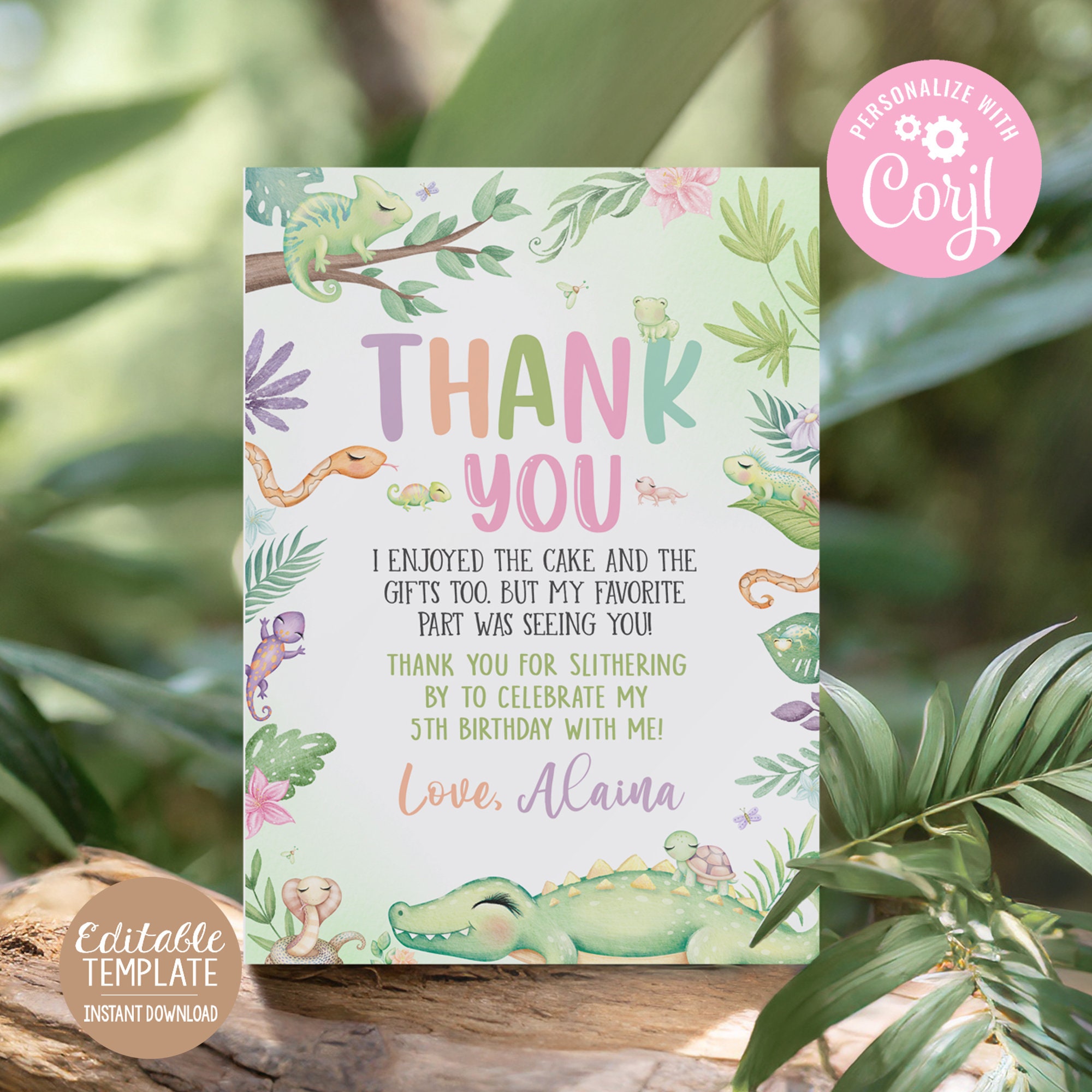Lizard Thanks Editable Reptile Pastel Girl Birthday Thank You Lizard Birthday Party ...