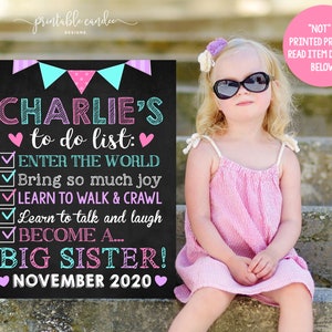 Big Sister Announcement To do list Pregnancy Photoshoot Prop Promoted to Big Sis Sign Custom Colors Printable File