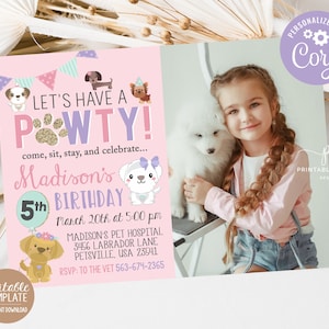 Girl Puppy Birthday Invitation Dog Party Pink Adorable Pet Theme Photo Invite Editable Template