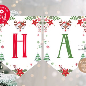 Rentier Party Flagge Banner Vorlage Weihnachten Hirsch Geburtstag Dekor Mädchen Urlaub Bearbeitbare Party Flaggen Printable Sofort Download