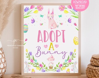 Easter Bunny Adoption Sign Adorable Pink Decor Birthday Table Signs Spring Floral Theme Instant download PEB24