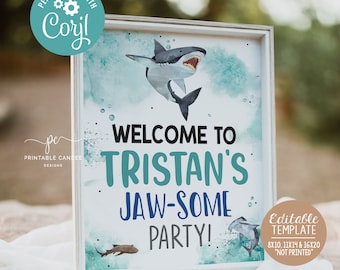 Puede incluir: Un cartel imprimible con un fondo de acuarela que presenta un tiburón y burbujas. El cartel dice "¡Bienvenido a la fiesta de Tristan, una fiesta genial!" y está disponible en 8x10, 11x14 y 16x20 pulgadas.