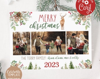 Editable Christmas Card Template Deer Pine Photo Card Antler Red Green Holiday Theme Digital Printable File