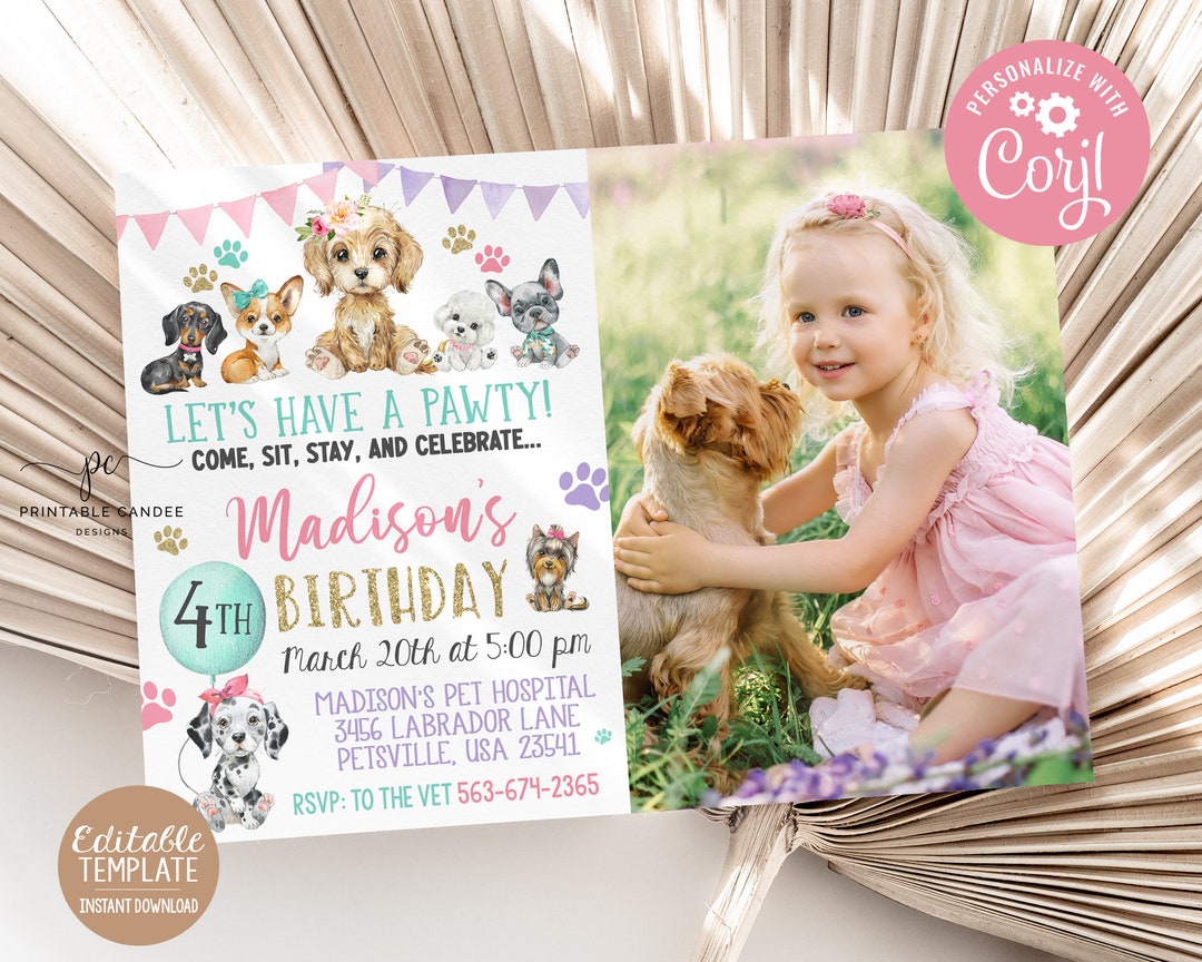Editable Girl Puppy Birthday Invite Pink Dog Party Invitation Photo ...