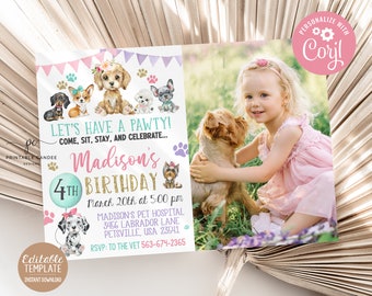 Invitación de cumpleaños de cachorro de niña editable Plantilla de foto de invitación de fiesta de perro rosa Tema de mascota adorable Descarga instantánea imprimible
