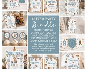 Cowboy 1st Birthday Decor Bundle Rodeo Party Highland Cow Ranch Digital Templates