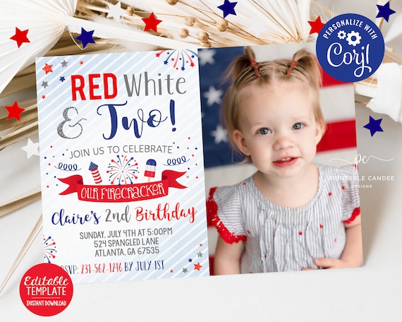 4th of July 2nd Birthday Invitation Red White and Two Firecracker Patriotic Stars Stripes Editable Photo Template Download Printable