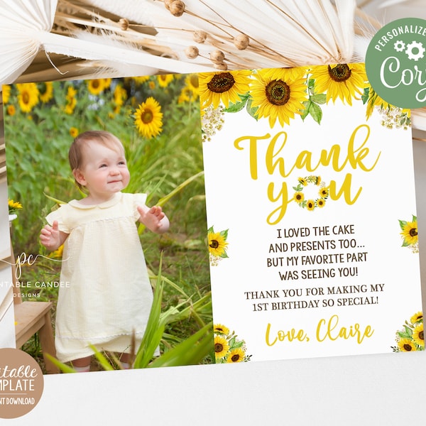 Editable Sunflower Thank you Card Floral Party Summer Sunflowers Yellow Rustic Theme Instant download Template