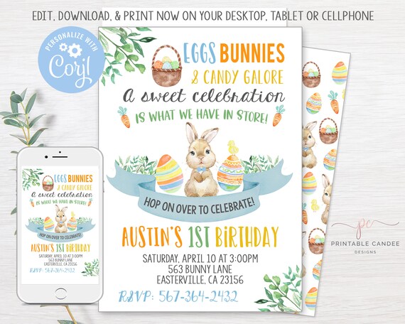 Easter Birthday Invitation Editable Bunny 1st Birthday Invite | Etsy