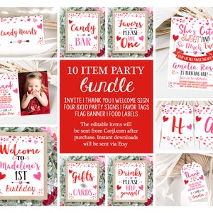 Editable Girl Valentine Party Bundle Sweetheart Theme Birthday Decor Pink Red Invite Signs Favors Printable Templates Instant Download