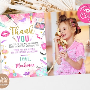 Editable Spa Birthday Party Thank you Girl Makeup Party Template Photo Gold Pink Instant Download Printable
