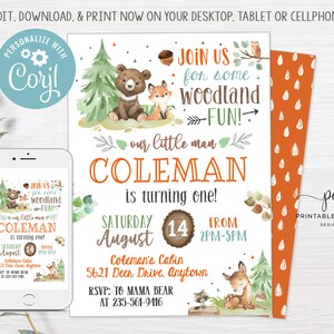 EDITABLE Woodland Birthday invitation Forest Animals Party invite Fox Deer Bear Theme Template Printable Instant Download