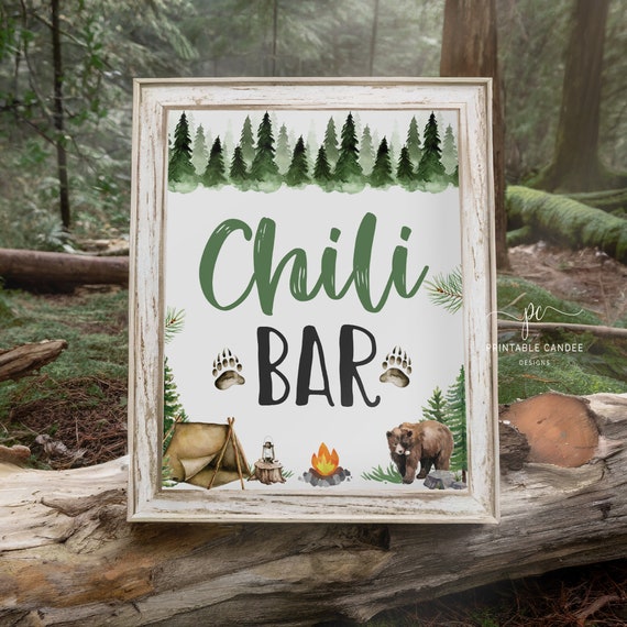 Chili Bar Sign Camping Party Decor Lumberjack One happy Camper Signs Bear Birthday Party Printables Instant Download OHPNT