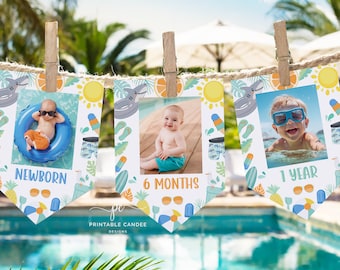 May include: A banner with three pennants, each featuring a baby photo and text. The pennants are decorated with summer-themed graphics like sharks, sunglasses, and pineapples. The text on the pennants reads "Newborn", "6 Months", and "1 Year".