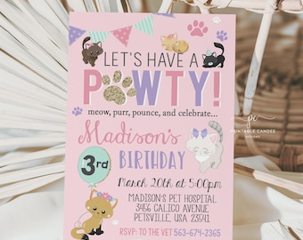 Modello di invito per festa a tema gattini, invito di compleanno a tema gatti rosa stampabile PCDT