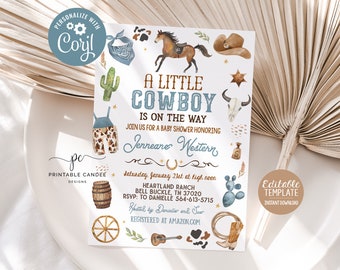 Editable Cowboy Baby Shower Invitation Blue Little Cowboy Invite Wild West Theme Ranch It's a Boy Template Printable Instant Download