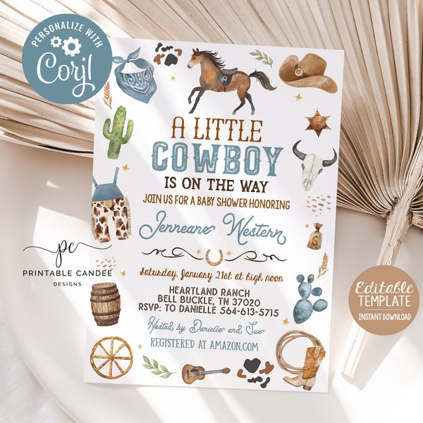 Editable Cowboy Baby Shower Invitation Blue Little Cowboy Invite Wild West Theme Ranch It's a Boy Template Printable Instant Download