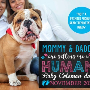 Cartel de anuncio de embarazo para perro Mamá y papá me van a traer un humano Cartel de fecha de parto Archivo imprimible