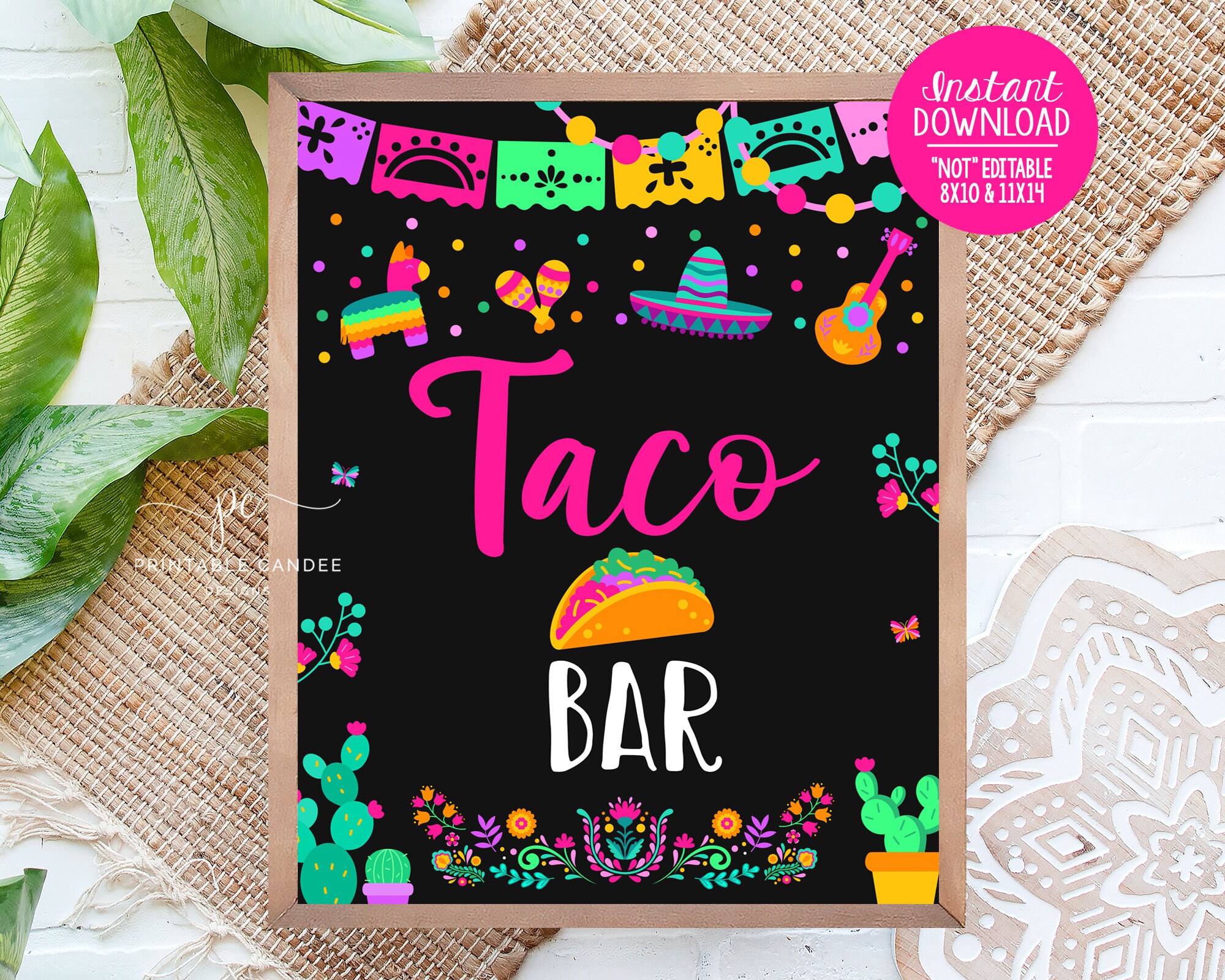 Fiesta Birthday Party Taco Bar Sign Mexican Theme Cactus Background Food Table Decor Succulent Floral Printable Instant