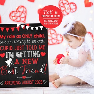 Cupid Valentine&#39;s Day Pregnancy Announcement Red Promoted to Big Sister or Brother Sign Printable Chalkboard File