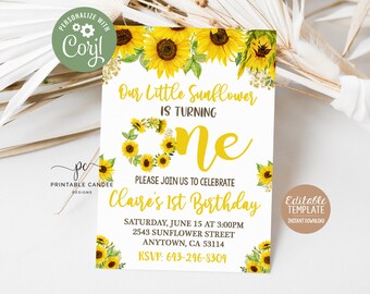 Sunflower 1st Birthday Invitation Floral Party Invite Summer Sunflowers Yellow Rustic Theme Instant download Template