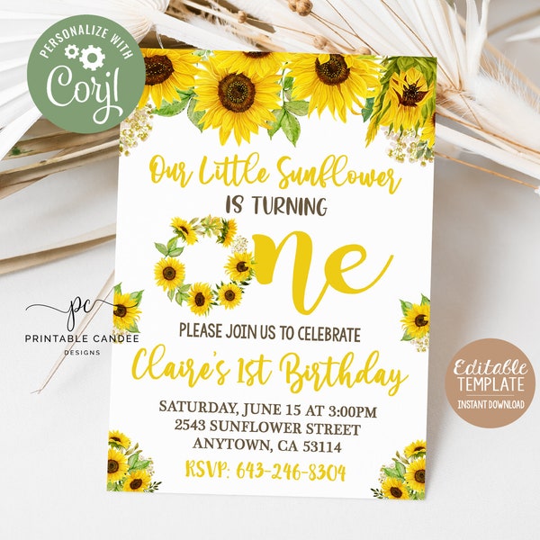 Sunflower 1st Birthday Invitation Floral Party Invite Summer Sunflowers Yellow Rustic Theme Instant download Template