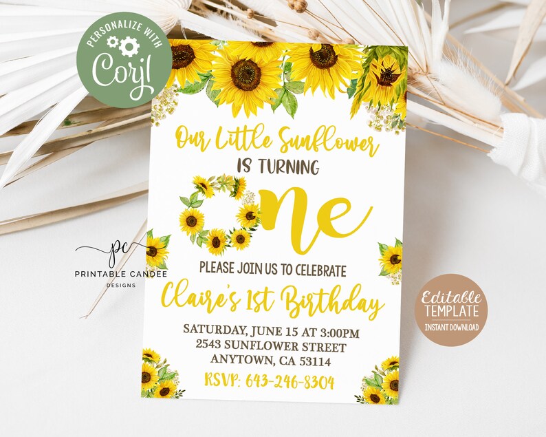 Sunflower 1st Birthday Invitation Floral Party Invite Summer Sunflowers Yellow Rustic Theme Instant download Template