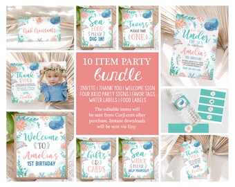 May include: A printable party bundle for a child's under the sea themed birthday party. The bundle includes an invitation, thank you card, welcome sign, food labels, water bottle labels, and favor tags. The design features a blue whale, coral, and other ocean creatures.