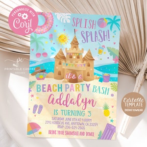 Beach Party Invitation Editable Girl Summer Birthday Invite Template Pineapple Icecream Theme Printable File PBPT