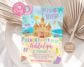 Beach Party Invitation Editable Girl Summer Birthday Invite Template Pineapple Icecream Theme Printable File PBPT