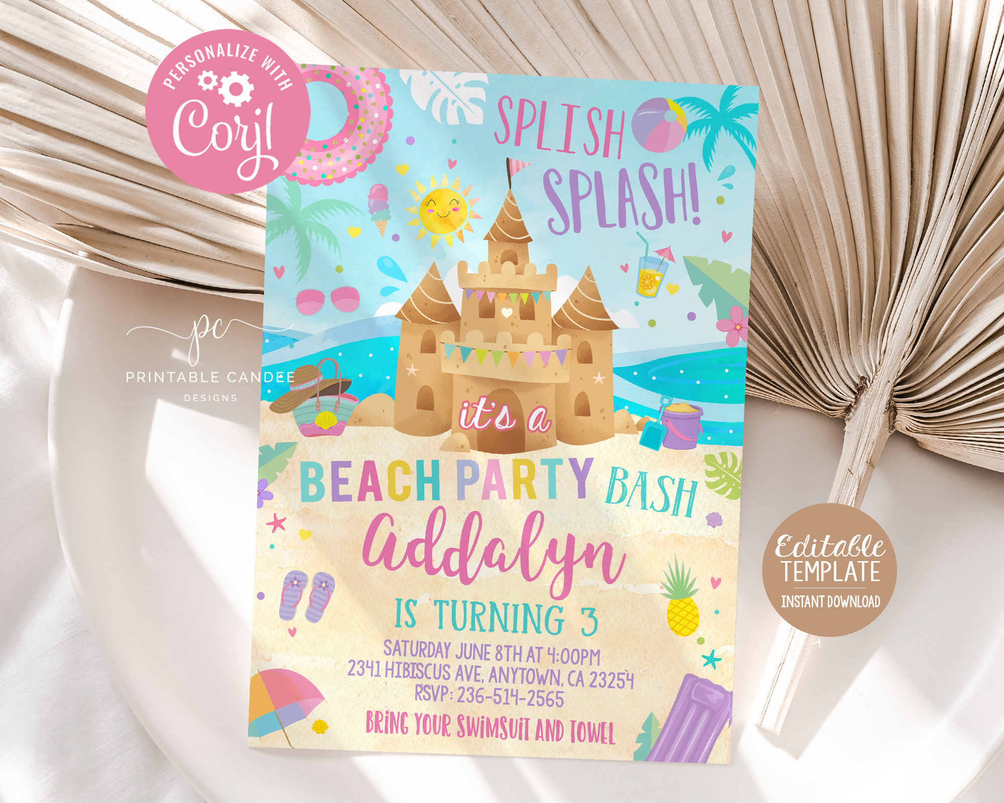 Beach Party Invitation Editable Girl Summer Birthday Invite hq photo