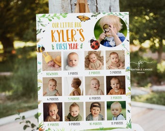 Puede incluir: Un póster imprimible verde y amarillo con un collage de fotos del primer año de un bebé. El póster tiene un tema de insectos y dice "Our Little Bug Kyler's First Year".