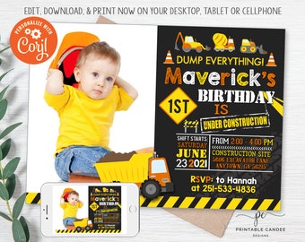 May include: A construction-themed birthday invitation with a yellow and black color scheme. The invitation features a photo of a baby boy wearing a yellow shirt and holding a toy construction vehicle. The text on the invitation reads "Dump Everything! Maverick's 1st Birthday is Under Construction." The invitation also includes the date and time of the party, as well as the RSVP information.
