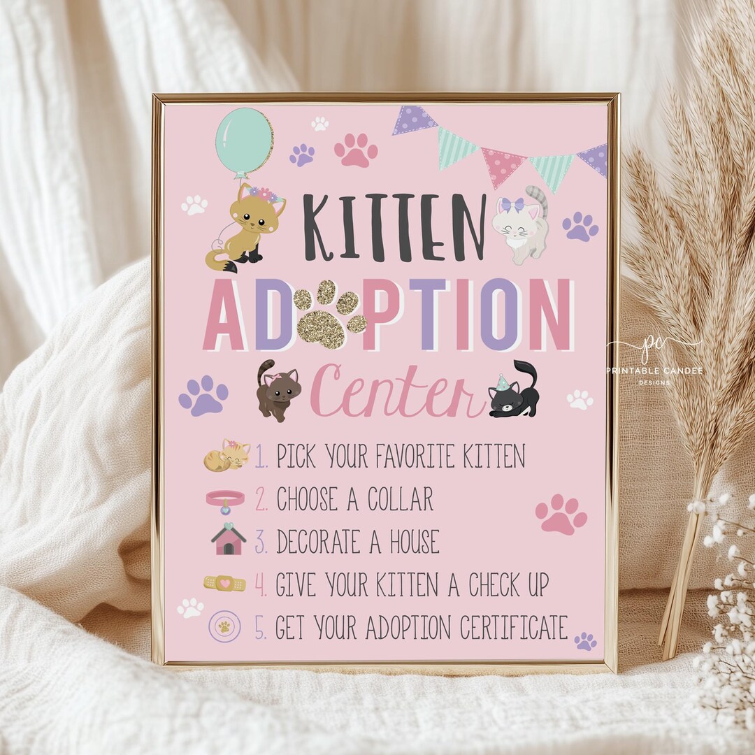 Kitten Party Adoption Center Sign Pink Cat Activity Pawty Birthday ...