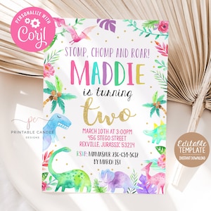 Dinosaur Invitation Editable Girl Dino Birthday Invite Pink Dinosaur Party Any Age Template Digital DGGPT