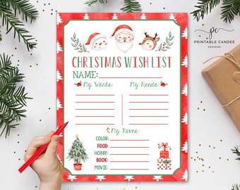 May include: A printable Christmas wish list with a red and green watercolor background. The list includes sections for "My Wants", "My Needs", and "My Faves". There are illustrations of Santa, a snowman, and a reindeer.