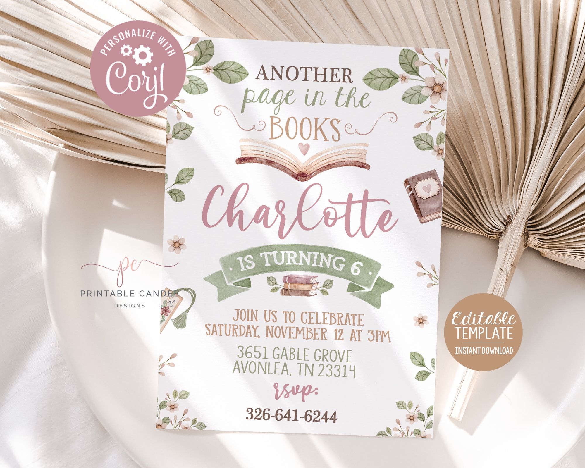 Editable Book Birthday Invitation Girl Library Themed Invite Template ...