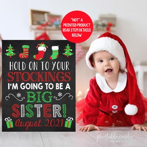 Christmas Pregnancy Announcement Holiday Stockings Big Sister Brother Chalkboard Printable Sign Digital