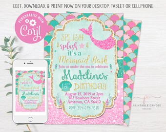 Mermaid Birthday Invitation Pink Teal Gold Party Theme Invite Instant Download Editable File Printable DIY File