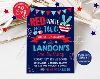 May include: Red, white, and blue birthday party invitation for a 2-year-old boy named Landon. The invitation features a peace sign with the American flag design, fireworks, and the text "Red White and Two".